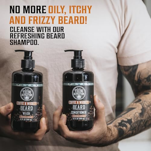 Viking Revolution Coffee Whiskey Beard Wash and Beard Conditioner Set with Argan and Jojoba Oils - Softens and Strengthens - Coffee Whiskey Scent - Beard Shampoo with Ginseng Root Extract (17 oz)