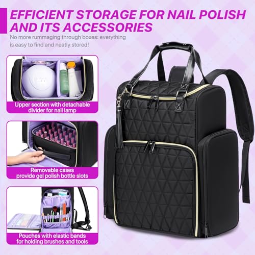 Nail Bag Organizer Case Backpack, Nail Bag Holds 80 Bottles (15ml-0.5 fl.oz) and Nail Lamp, Nail Polish Case with 2 nail polish Bag, Portable Travel Backpack for Nail Tech Supplies Manicure Tools
