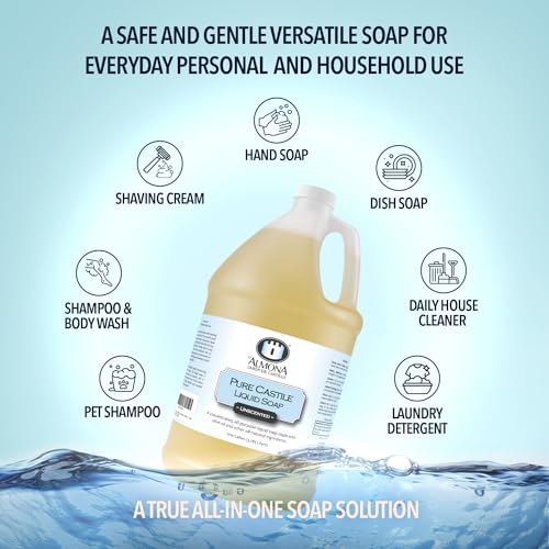 Pure Castile Liquid Soap, UNSCENTED, 1 Gallon - Multipurpose: Hands, Face, Body, Laundry, Dishes & More - For Sensitive Skin, All-Natural Ingredients, Fragrance Free
