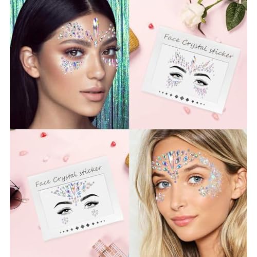 iMethod Face Jewels and Body Glitter - Face Gems, Mermaid Face Jewels Stick On, Holographic Cosmetic Face Glitter, for Festival Holiday Costumes & Halloween Alien Makeup, 12 Pcs