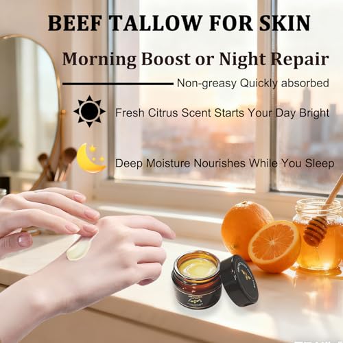 Beef Tallow for Skin, Organic Grass-Fed Beef Tallow Balm with Row Honey, Tallow and Honey Balm, Tallow Face Moisturizer for Face Body, Natural Formula for Dry & Sensitive Skin (2 OZ, Citrus)