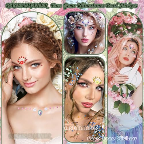17Pcs Face Eyes Gems Tattoo Stickers 3D Flowers Rhinestone Crystal Pearl Mermaid Diamond Forehead Sticker Glitter Self Adhesive Eyeliner Makeup Decals for Women Girls Rave Festival Party