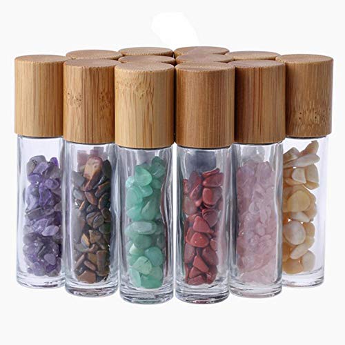 Lasenersm 10 Pieces 10ml Clear Glass Roll-on Bottles with Gemstone Roller Ball and Healing Crystal Chips Inside, Bamboo Lids - Personal Care, Aromatherapy, DIY Beauty or Wellness