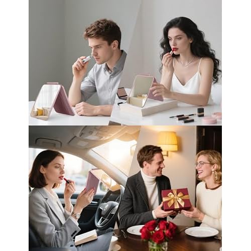 Travel Makeup Mirror with 1X/10X Magnifying, Portable Folding Make Up Tabletop Mirror for Office, Compact Vanity Mirror for Travel (Rose Pink, No LED Lights)