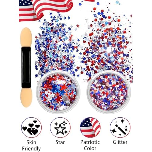 80PCS 4th of July Temporary Tattoos, Red White Blue Glitter Set - Patriotic Accessories Kit for USA Independence Day, Fourth of July Party, Face & Body Art - Stars & Stripes Celebration Decorations