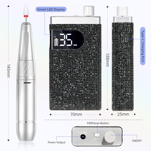 Rechargeable 35000RPM Nail Drill Sparkling Portable Professional Electric Nail File for Acrylic/Gel Nails Professional Nail Tools for Manicure Pedicure, Black
