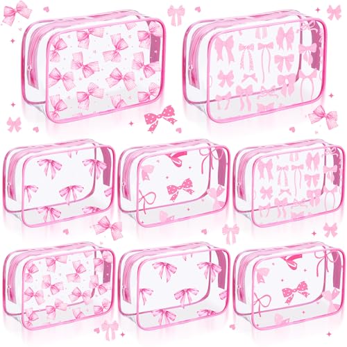 Kacctyen 8 Pcs Coquette Bow Makeup Bags Pink Clear PVC Skincare Cosmetic Bags Waterproof Travel Toiletry Zipper Pouch for Women Girls Coquette Bachelorette Party Favors
