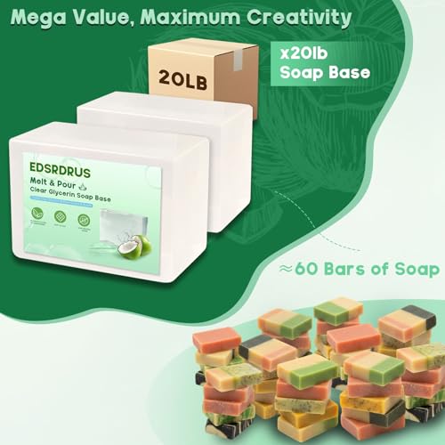 EDSRDRUS 20lb Unscented Melt and Pour Soap Base, Fragrance-Free Bulk Glycerin Soap Making Supplies for Professionals ? Upgraded Smooth Formula, Silky Melt & Fine Foam (Transparent, 20 Pound)