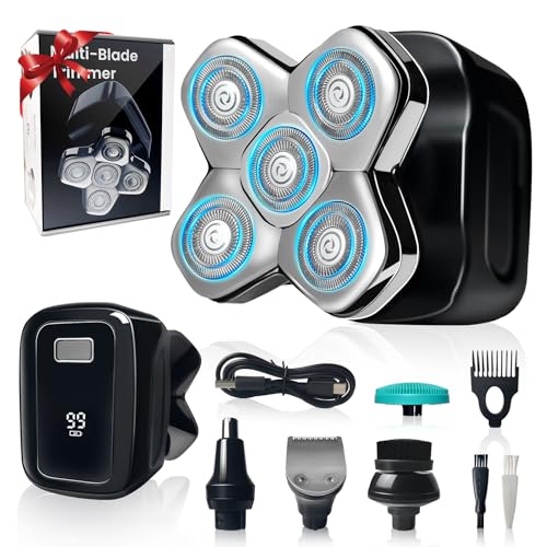 Head Shavers for Bald Men - 5-in-1 Bald Head Shaver, Ipx7 Waterproof Men's Rotary Shavers, Double-Ring Electric Razor for Men, with Led Smart Display,Wet/Dry Shaving for Head Face Beard Nose