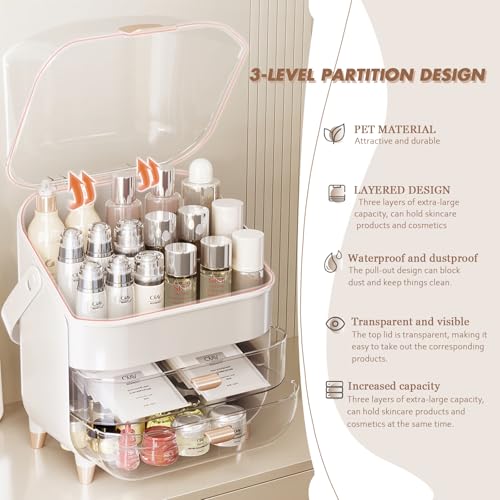 Makeup Organizer Countertop, Makeup Brush Holder with Lid & Drawers, Bathroom Vanity Organizer and Storage, Make Up Organizer for Vanity, Skincare Organizer Gifts for Girls, Wife, Mom