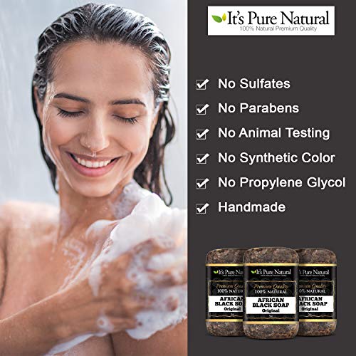 It's Pure Natural African Black Soap Bars Original (Pack of 3) Organic Raw Soap for Face & Body, Acne Treatment & Dark Spot Remover [Made in Ghana]