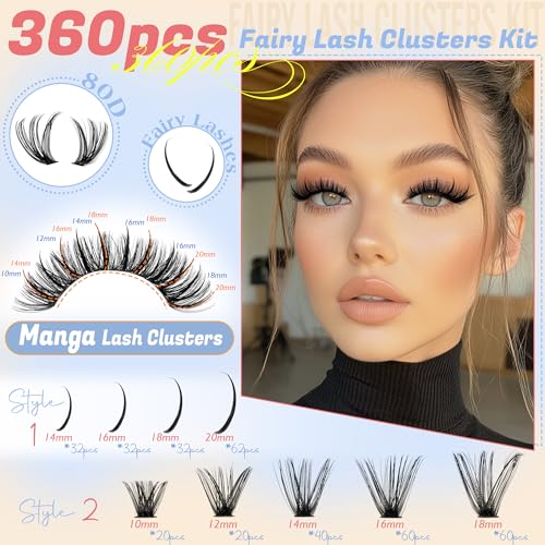 Lash Clusters Kit with Spikes 80D Volume Eyelash Extension Kit 360pcs 10-20mm Individual Lashes Manga DIY Lash Extension Kit with Bond, Seal and Tweezers by Ruairie