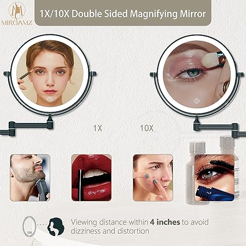 Rechargeable Wall Mounted Lighted Makeup Vanity Mirror 8 Inch Double Sided 1X 10X Magnifying Bathroom Mirror, 3 Color Lighting, Touch Screen Dimming, 360 Rotation Shaving Matte Black