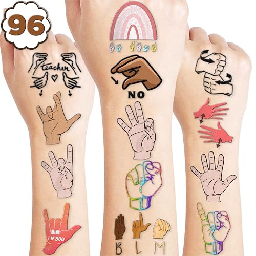 107 PCS ASL Temporary Tattoos Themed Birthday Party Decorations Favors Supplies D?cor Funny American Sign Language Colorful Tattoo Stickers Gifts for Game Boys Girls Classroom School Prizes Reward