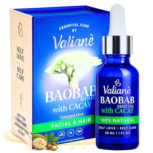 BAOBAB OIL + CACAY for HAIR & FACE Premium Enriched Blend - Hair Oil & Beard Oil - Facial Serum - Cold-Pressed Lightweight Fast-Absorbing, 100% NATURAL - for Body Neck D?collet? Nails -1 fl oz Valian?