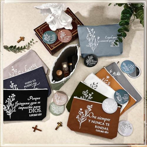 Kacctyen Spanish Christian Easter Gifts for Women Bulk Bible Verse Makeup Bags Religious Gift Regalos Cristianos Para Mujer Canvas Pouch Compact Mirrors Mother's Day Church Gift(Boho Color,30 Sets)