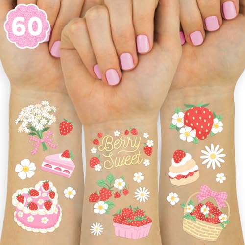 xo, Fetti Strawberry Party Temporary Tattoos - 60 Styles | Dessert Birthday Party Decorations, Berry Sweet Cute Accessory, Garden Tea Theme Favor, Summer Home Activity, Easter Basket