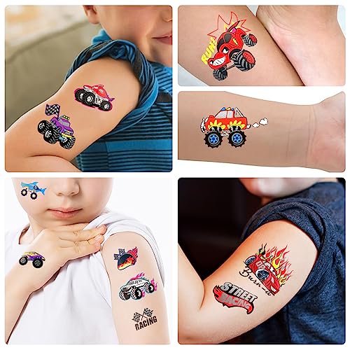 Temporary Tattoos for Kids, 75 PCS Truck Tattoos for Hot Wheel Birthday Party Decoration Favor, Metallic Tattoos, Monster Truck, Car Racing, Checkered Flag, Flames Tattoo for Boys Girls