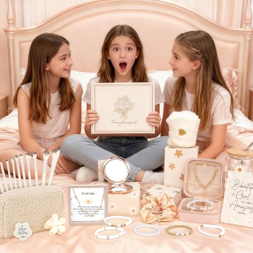 9 PCS Trendy Stuff Gifts for Tween & Teen Girls, Valentine's Day Gift Box makeup kit & makeup set, Birthday Gifts for Granddaughter Daughter Niece Ages 8-16, with Empowering Tasks