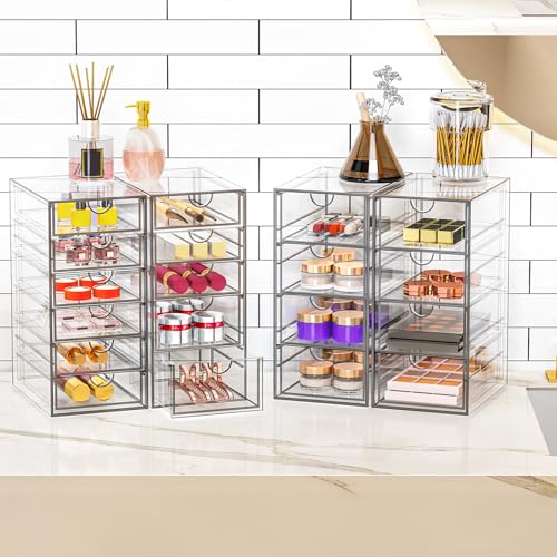 Acrylic Makeup Organizer with 19 Drawers, 4 Pack Clear Storage Drawers, Bathroom Makeup Organizer for Palettes, Cosmetic, and Beauty Supplies,Ideal for Vanity, Cabinet,Desk Organization