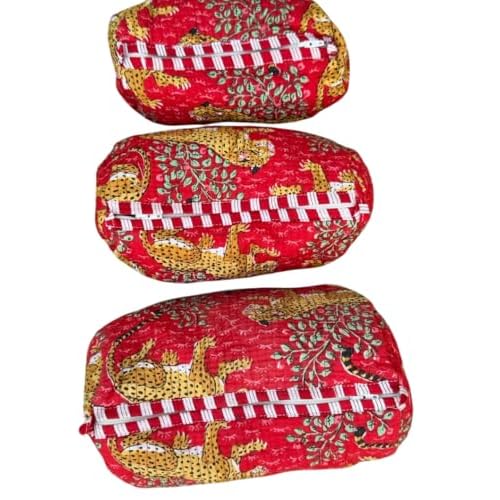 YILLE Set of 3 Pieces Block Printed Travel Organizer Kit Storage Bag for Women Makeup Bag Travel Cosmetic Bag (Red Cheetah)
