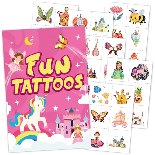 EMOME 204 Styles Glitter Tattoos for Kids, Mixed Temporary Tattoos for Kids, Individually Wrapped Mermaid Princess Butterfly Unicorns Stickers for Grils Birthday Party, Halloween Goodie Bag Stuffers