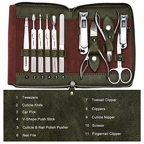 FAMILIFE Manicure Set, Nail Kit 11 in 1 pedicure kit Stainless Steel Mens Manicure Kit Leather Pedicure Tools and 100% Stainless Steel Ingrown Toenail File and Lifter Double Sided with Storage Case
