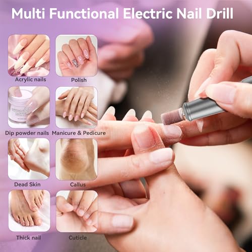 Portable Electric Nail Drill File 5 Speeds 12 in 1 with LED Display Rechargeable Professional Efile for Natural Acrylic Gel Powder Manicure Pedicure Nails, Pink