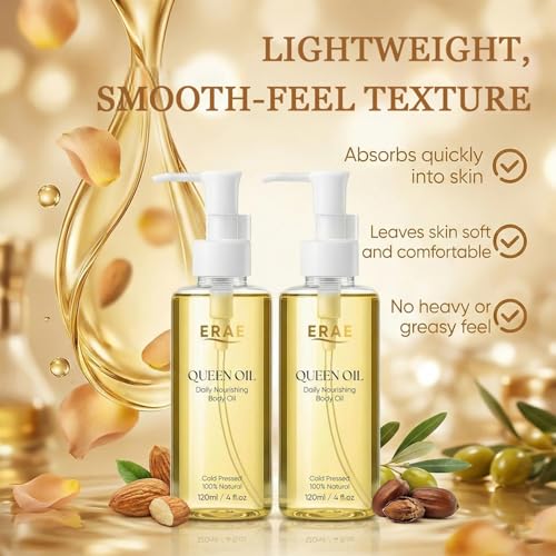 ERAE Queen Oil, Cold-Pressed Botanical Body Oil, Lightweight Daily Hydrating & Moisturizing Oil for Arms, Tummy & Thighs, Deeply Nourishing, 2 Pack (120 ml / 4 fl oz Each) (2 PCS)