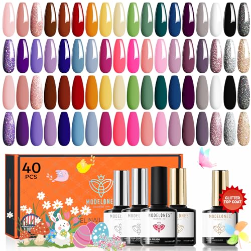 modelones 40 Pcs Gel Nail Polish Set, 36 Colors Easter Red Nude Brown Green Pink White Black Gel Nail Polish Kit Purple Blue Nail Art with Base Coat& Matte Glitter Glossy Top Coat DIY LED Gift