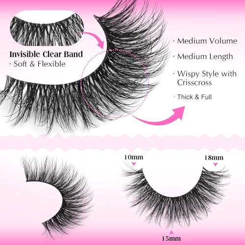 Mink Lashes Wispy False Eyelashes Clear Band Fake Strip Lashes Natural Look 18 mm Cat Eye Eyelashes Pack Pesta?as Postizas Naturales Soft 3D Lashes, 7 Pairs