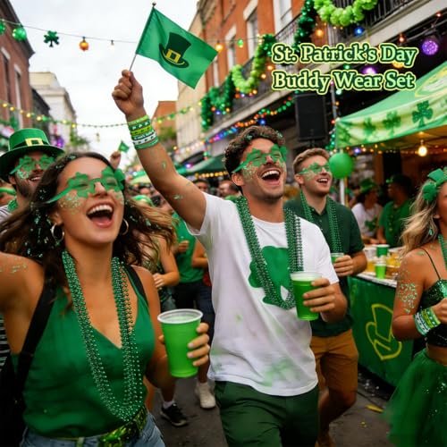 19PCS St. Patrick's Day Accessories Set, Green Face & Body Glitter, Green Glasses, Irish Bracelets, Round Bead Necklaces, Party Favors for Women and Family