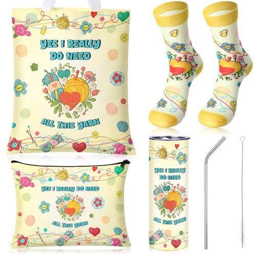 4 Pcs Crochet Gifts Yes I Really Do Need All This Yarn Knitting Gifts Include 20 oz Tumbler Cosmetic Bag Tote Bag Socks Christmas Birthday Favors for Knitters Crocheters Crochet Lovers