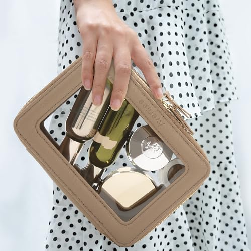 Aveniee Clear Makeup Bag for Women, Small Toiletry Travel Bag with Zipper, Portable Cosmetic Organizer Pouch for Skincare, Car Organizer Storage Bag for Essentials, Mocha Brown,Medium Classic
