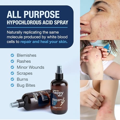 Happy Skin .02% Hypochlorous Acid Spray Toner? Extra Strength, Extra Gentle 100% Natural Toner & Skin Cleanser for Face & Body? Soothe, Hydrate & Repair Dry, Sensitive Skin? pH Balanced, Non-Toxic 8oz