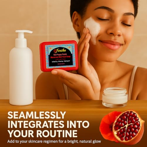 FERIHA Brightening Facial Soap Bar with Aker Fassi ? Red Poppy & Pomegranate for Radiant Skin ? Enriched with Argan Oil, Shea Butter & Rhassoul Clay ? Gently Softens and Evens Tone - 3.5 Oz