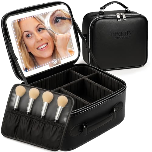 Makeup Bag with LED Mirror, PU Leather Makeup Case - 3 Adjustable Brightness Levels, Lighted Cosmetic Case with Mirror, Dividers - Make Up Portable Storage Travel Organizer with Handle