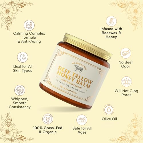 100% Grass-Fed Whipped Beef Tallow and Honey Balm for Skin, Moisturizer for Face & Body with Organic Beeswax & Organic Honey Balm, All Natural Formula, 4.23OZ (120G)