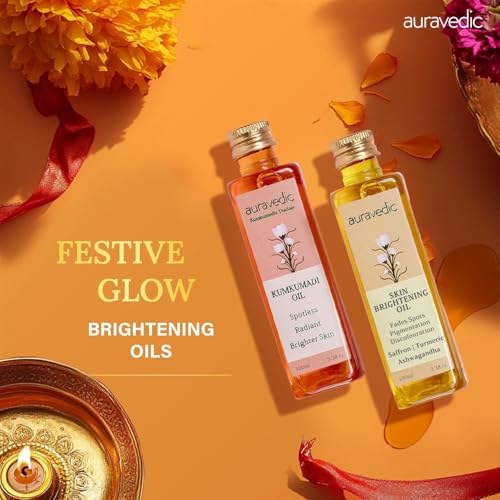 Auravedic Kumkumadi Oil & Skin Oil Combo | Saffron, Turmeric and Winter Cherry Infused Face Moisturizer | Hydrating & Moisturizing | for All Skin Types | 3.38Fl Oz (100ml)