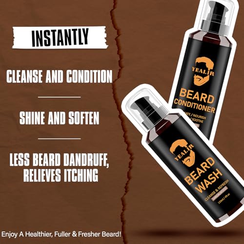 Beard Wash and Conditioner & Silicone Beard Brush Set w/Argan & Jojoba Oils - Reduce Beard Itchy, Dandruff, Beard Shampoo, Softens & Strengthens & Shine - 2 x 4 Fl Oz 120ML