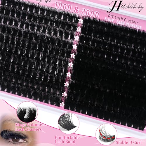 Lash Clusters 100D+200D Mega Thick Lashes Clusters 12-22mm Wispy Individual Thick Volume Lashes Cluster Eyelash Extensions 280Pcs DIY Lash Extension at Home, by Hushlibaby(Plant Fiber)