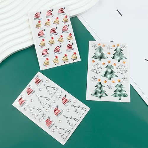 3Pack Christmas Face Rhinestone Sticker Self Adhesive Gems Stick on Christmas Tree Santa Face Jewels Tattoo Stickers Crystal for Body Nails Crafts Makeup Winter Holiday Xmas Decoration