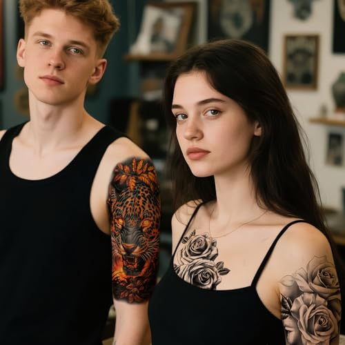 34 Sheets Half Arm Temporary Tattoos for Adults and Kids Waterproof Fake Tattoo for Men women Realistic Butterfly Rose Lion Tiger Wolf, Eagle Owl Forest - Long Lasting Tattoo Stickers for Halloween