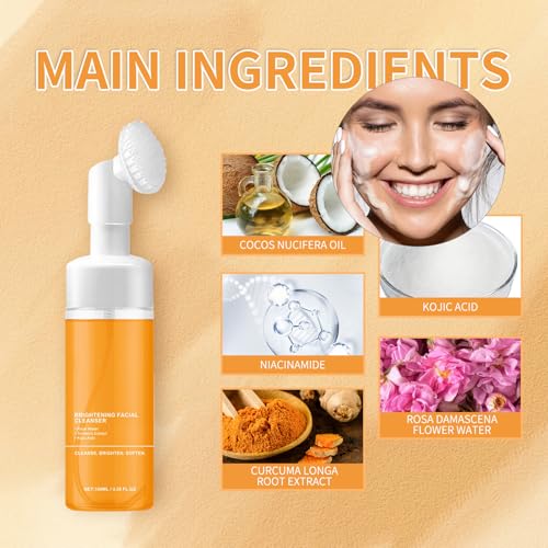 Turmeric Wash and Care 4 Piece Set, Turmeric Face Wash with Brush, Gentle Cleansing Moisturizing Skincare Set for Face Soap Bar | Mousse Cleanser | Essential Oil | Cleansing Pads