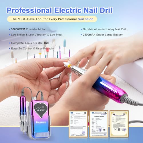 Rechargeable Nail Drill 35000RPM Electric Nail File for Acrylic & Gel Long Lasting Battery 6pcs Polishing Tools and Sanding Bands Kit Portable for Home Salon and Travel - Sunset Blue