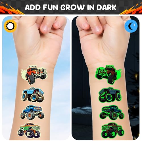 86 Pcs Monster Truck Car Temporary Tattoos for Teen Boys Gift Ideas, 12 Sheet Glow in The Dark Fake Tattoo Stickers Set, Cute Birthday Party Favors, Decoration Supplies & Rewards