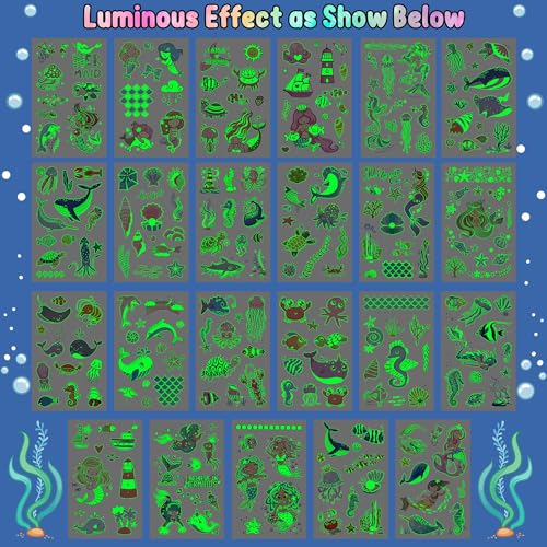 Cerlaza 300 Styles (23 Sheets) Luminous Mermaid Party Decorations, Temporary Tattoos for Kids, Glow Mermaid Birthday Party Supplies Favors, Mermaids Goodie Bags Fillers, Christmas Stocking Stuffers