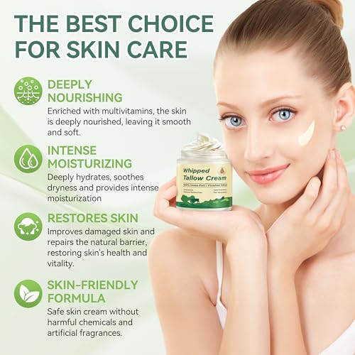 Beef Tallow for Skin, Organic Grass Fed Whipped Beef Tallow Balm for Face & Body, Natural Unscented Tallow Face Moisturizer Cream Deeply Nourishes and Hydrates the Dry Skin, 4oz