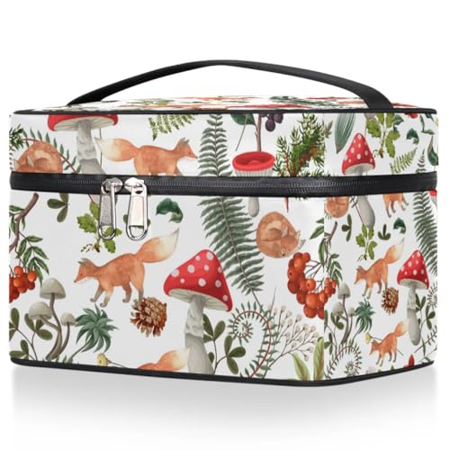 Makeup Travel Bag Organizer Toiletry Bag for Women Portable Cosmetic Storage Case with Handle, Large Capacity Lightweight Toiletries Brush Zipper Bag - Mushroom Fox