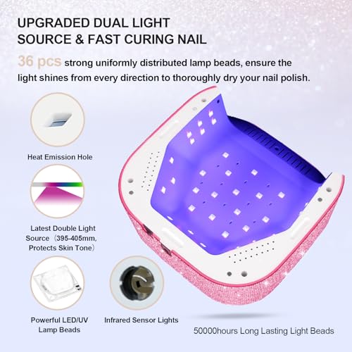 UV Nail Lamp 54W, Cordless Gel UV Led Nail Lamp for Gel Nail Polish, Rechargeable UV Nail Light Nail Dryer with 4 Timer and LCD Display, Professional Fast Curing Lamp Nail Art Tools with Rhinestone